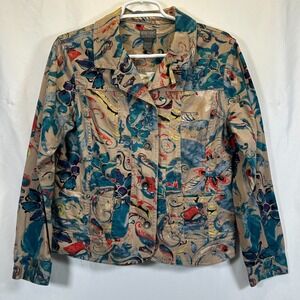 Additions Chico's Button Jacket Womens Medium Multicolor Floral Watercolor Art